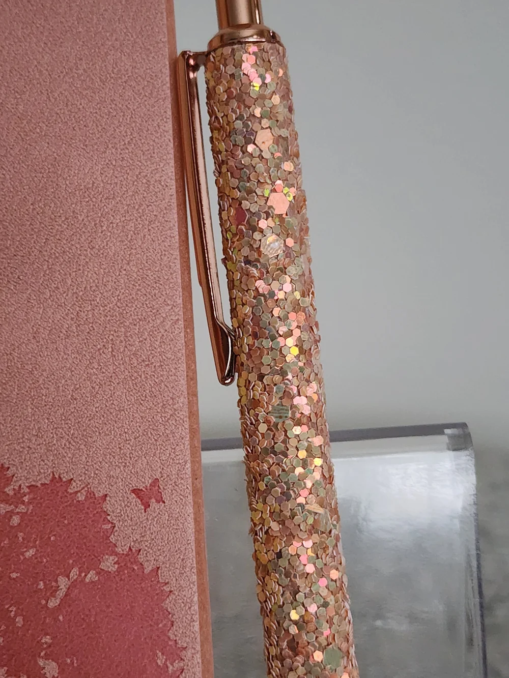 Blush Pink Tree-Embossed Faux Leather Journal with Rose Gold Glitter Pen